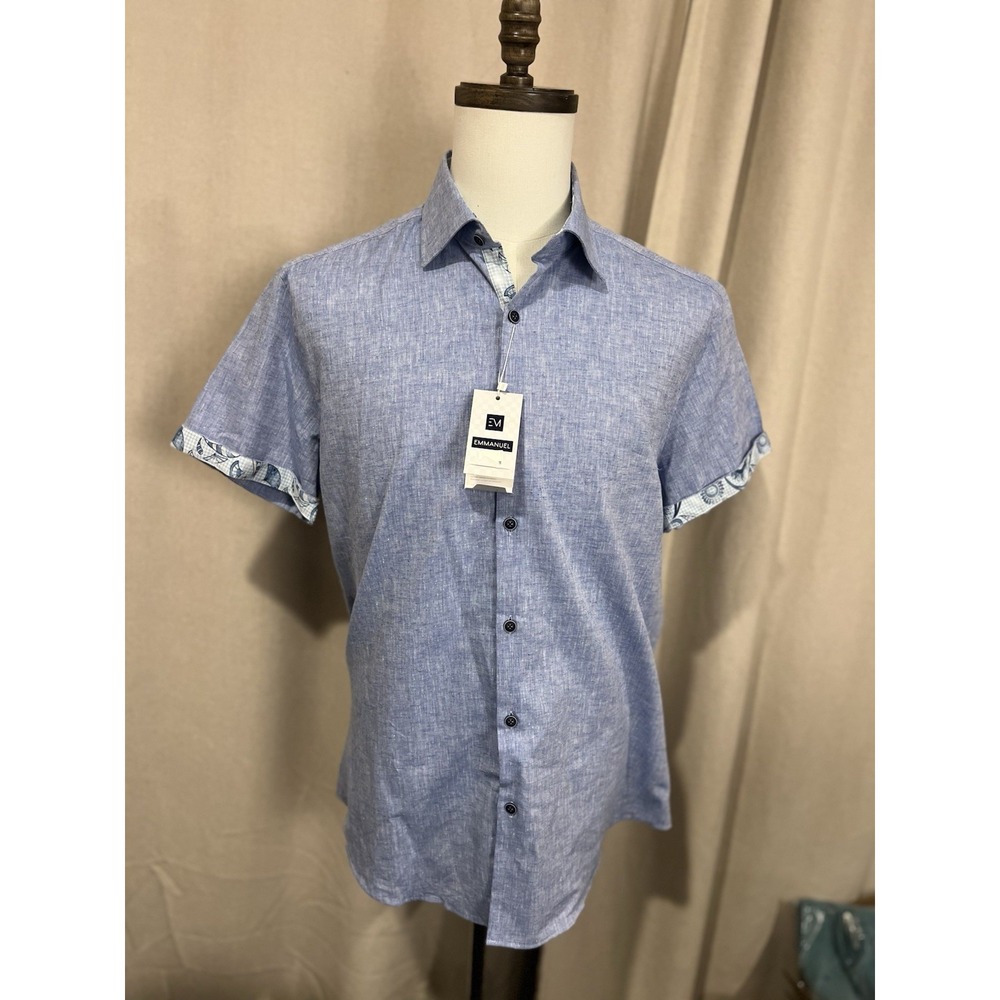 Emanuel Men's 100% Linen Short Sleeve‎ Shirt Size Medium Blue